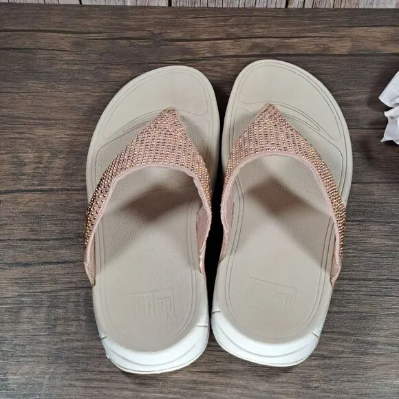 Fitflop LuLu Leather Thong Flip Flop Rose Gold Silver Studded Sandals Women's 8