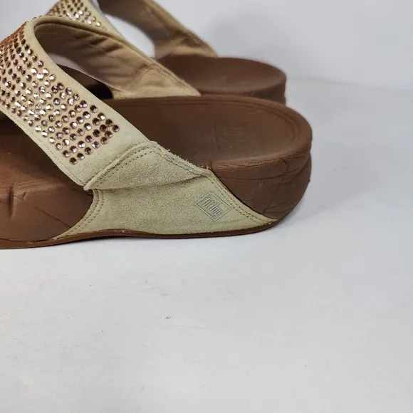 Fitflop Rokkit Rhinestone Studded Tan Thong Wedge Slip On Open Toe Flip Flops 7