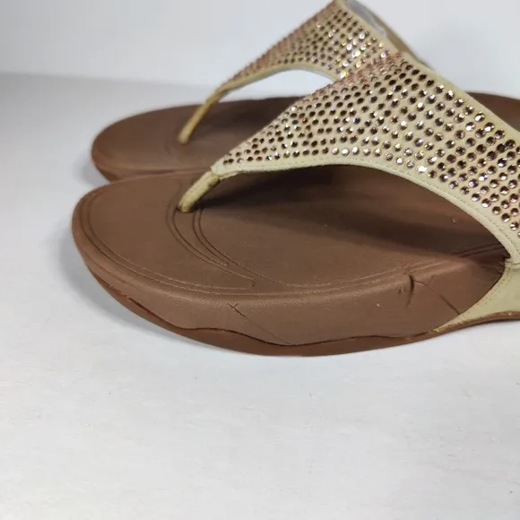 Fitflop Rokkit Rhinestone Studded Tan Thong Wedge Slip On Open Toe Flip Flops 7