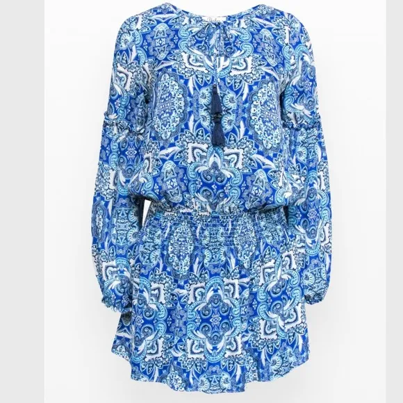 🔥FLASH SALE 🔥Parker - Bright Blue Silk Paisley Print Peasant Dress Sz S