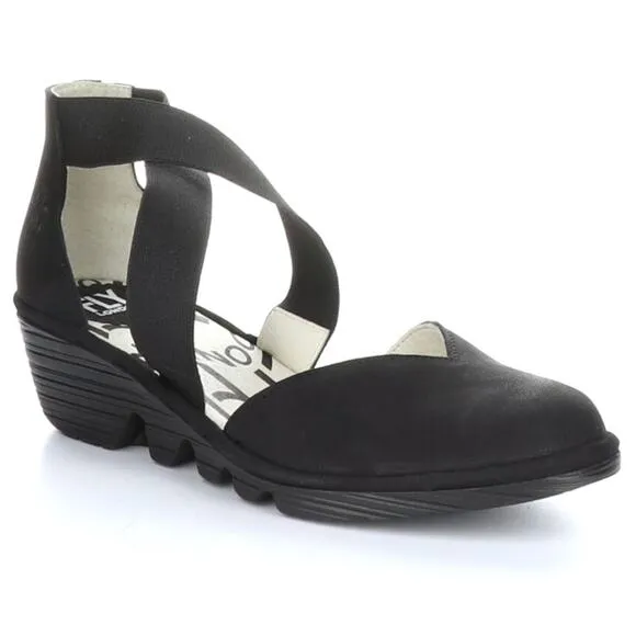 FLY LONDON | Wedge Solid Black Cupido Elastic Ankle Criss Cross Mary Jane | 38