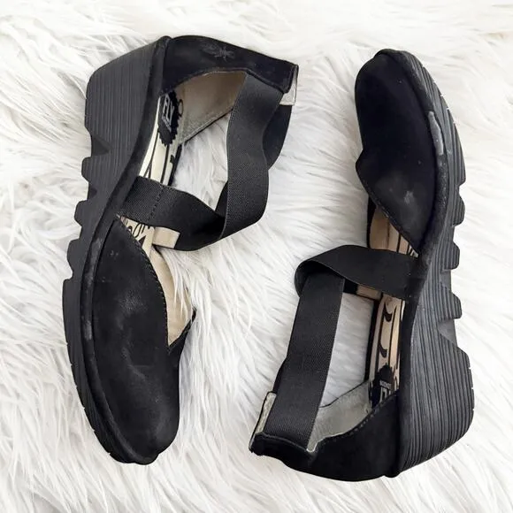 FLY LONDON | Wedge Solid Black Cupido Elastic Ankle Criss Cross Mary Jane | 38