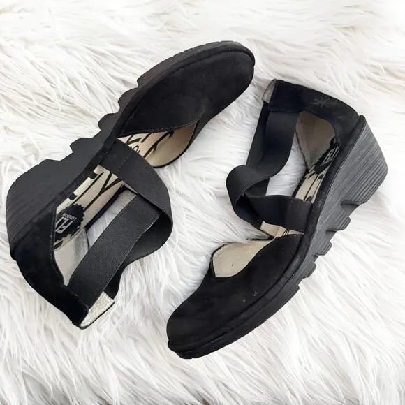 FLY LONDON | Wedge Solid Black Cupido Elastic Ankle Criss Cross Mary Jane | 38