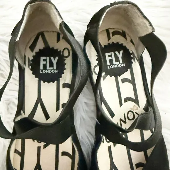FLY LONDON | Wedge Solid Black Cupido Elastic Ankle Criss Cross Mary Jane | 38