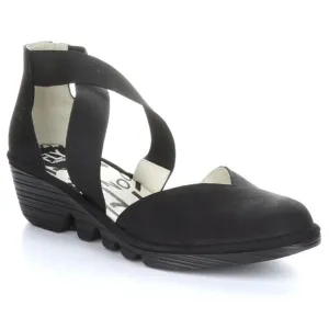 FLY LONDON | Wedge Solid Black Cupido Elastic Ankle Criss Cross Mary Jane | 38