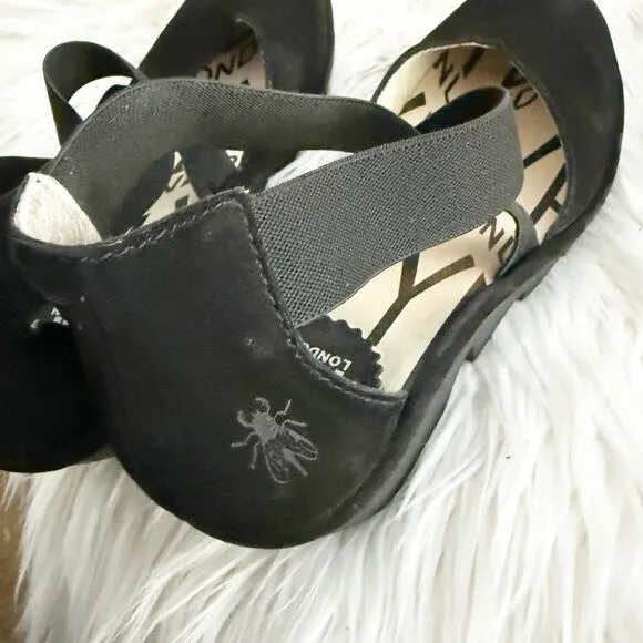 FLY LONDON | Wedge Solid Black Cupido Elastic Ankle Criss Cross Mary Jane | 38