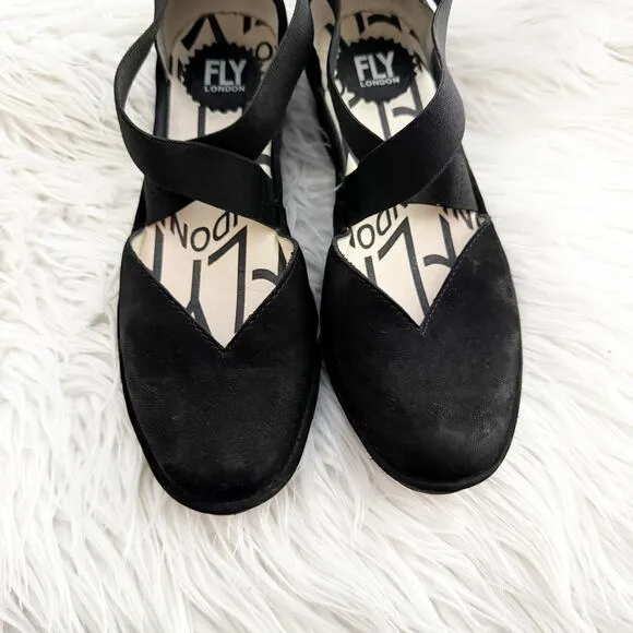 FLY LONDON | Wedge Solid Black Cupido Elastic Ankle Criss Cross Mary Jane | 38