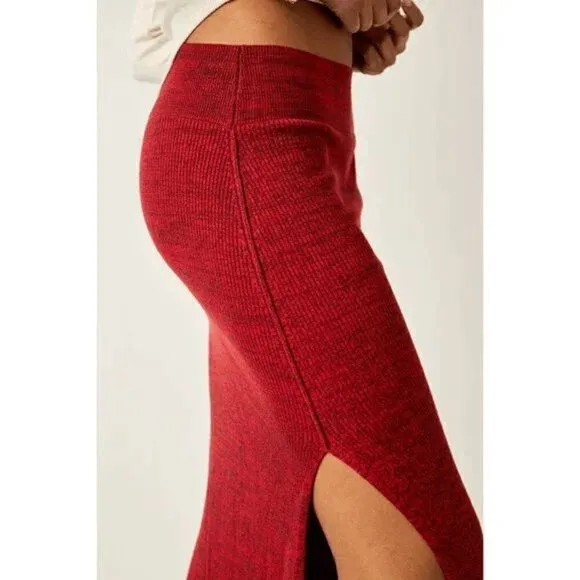 Free People Golden Hour Mulberry Red Ribbed Midi Skirt Large NWOT