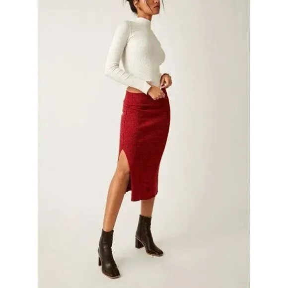 Free People Golden Hour Mulberry Red Ribbed Midi Skirt Large NWOT