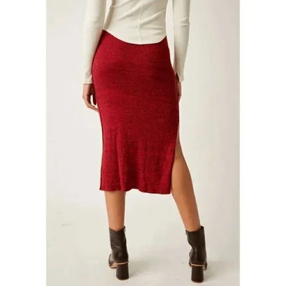 Free People Golden Hour Mulberry Red Ribbed Midi Skirt Large NWOT