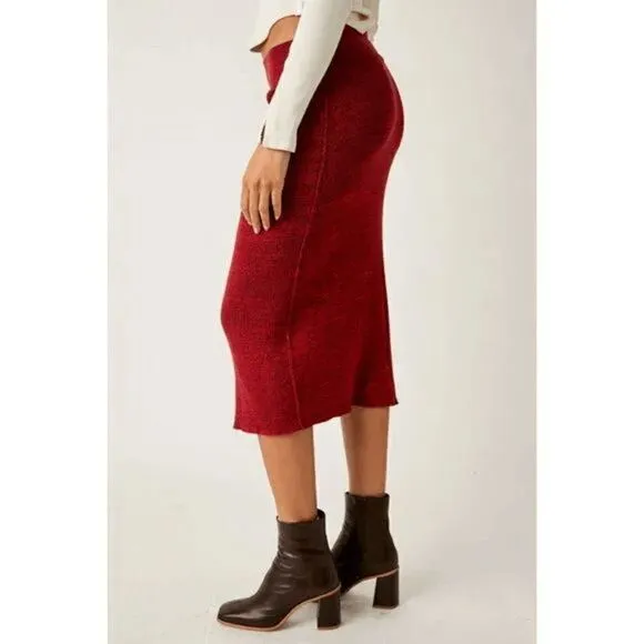 Free People Golden Hour Mulberry Red Ribbed Midi Skirt Large NWOT