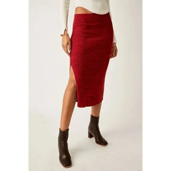 Free People Golden Hour Mulberry Red Ribbed Midi Skirt Large NWOT