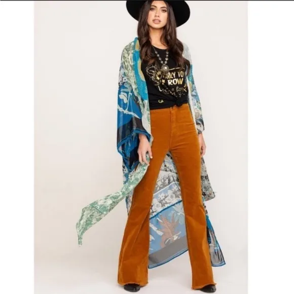 FREE PEOPLE Gorgeous Leonora FESTIVAL kimono duster 1 size blue greens &amp; creams