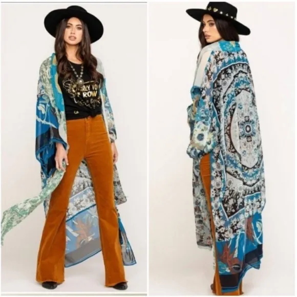FREE PEOPLE Gorgeous Leonora FESTIVAL kimono duster 1 size blue greens &amp; creams