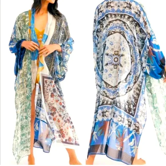 FREE PEOPLE Gorgeous Leonora FESTIVAL kimono duster 1 size blue greens &amp; creams