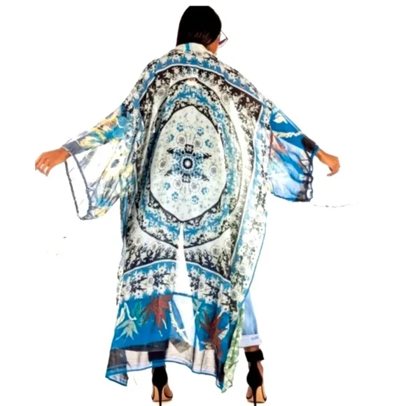 FREE PEOPLE Gorgeous Leonora FESTIVAL kimono duster 1 size blue greens &amp; creams