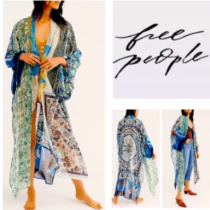 FREE PEOPLE Gorgeous Leonora FESTIVAL kimono duster 1 size blue greens &amp; creams