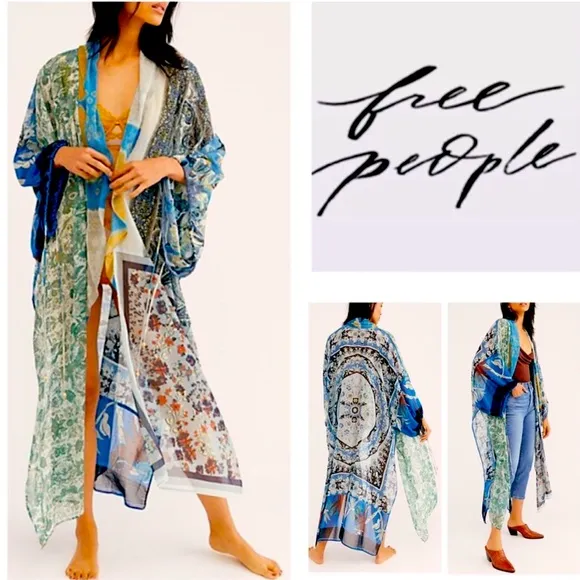 FREE PEOPLE Gorgeous Leonora FESTIVAL kimono duster 1 size blue greens &amp; creams