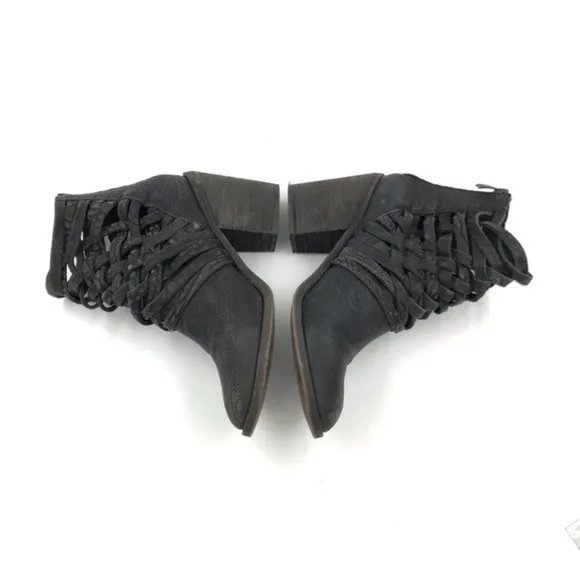Free People Strappy Black Distressed Leather Carrera Heeled Boots Size 38