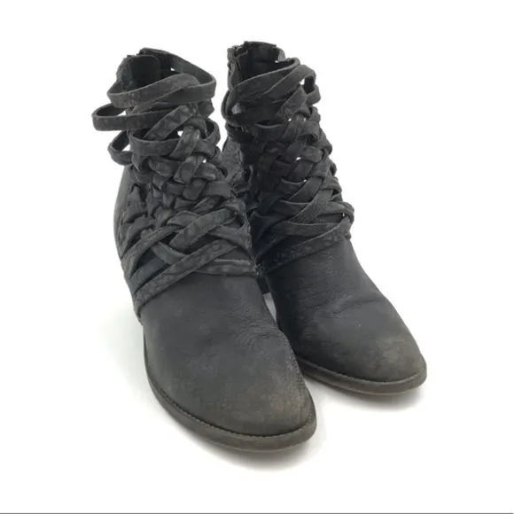 Free People Strappy Black Distressed Leather Carrera Heeled Boots Size 38