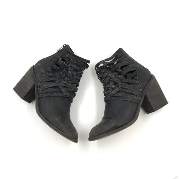 Free People Strappy Black Distressed Leather Carrera Heeled Boots Size 38