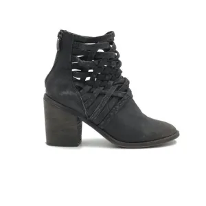 Free People Strappy Black Distressed Leather Carrera Heeled Boots Size 38