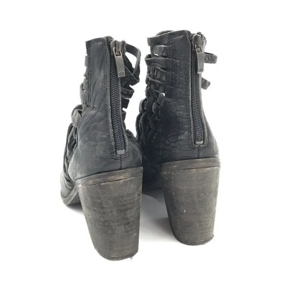Free People Strappy Black Distressed Leather Carrera Heeled Boots Size 38