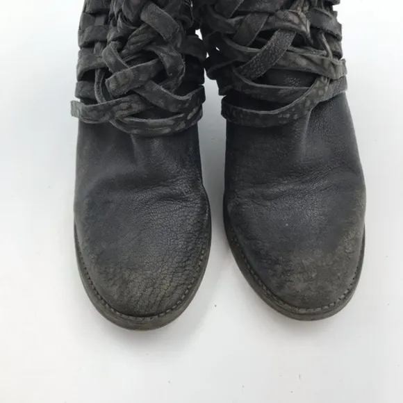 Free People Strappy Black Distressed Leather Carrera Heeled Boots Size 38