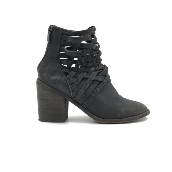 Free People Strappy Black Distressed Leather Carrera Heeled Boots Size 38