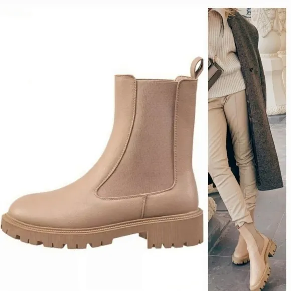 French Connection Women's Reyah Chelsea Lug Sole Boots, Size 8. Taupe color.