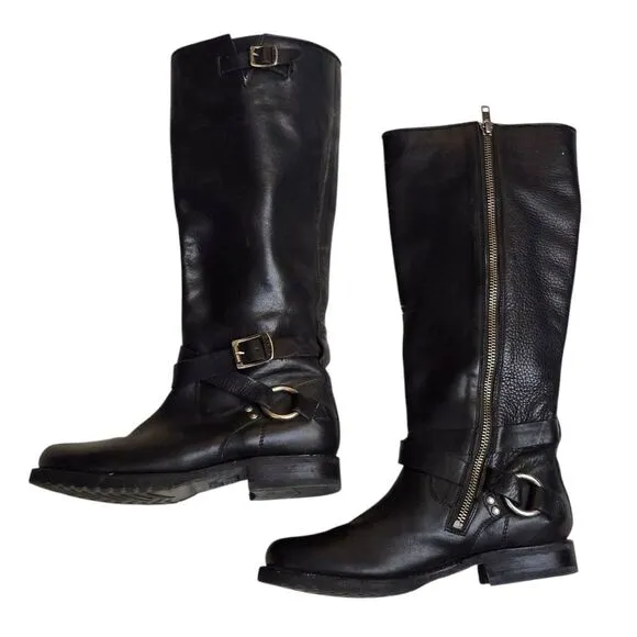 Frye Black Harness Èngineer Knee-High Side Zip Riding Boots Sz 6B