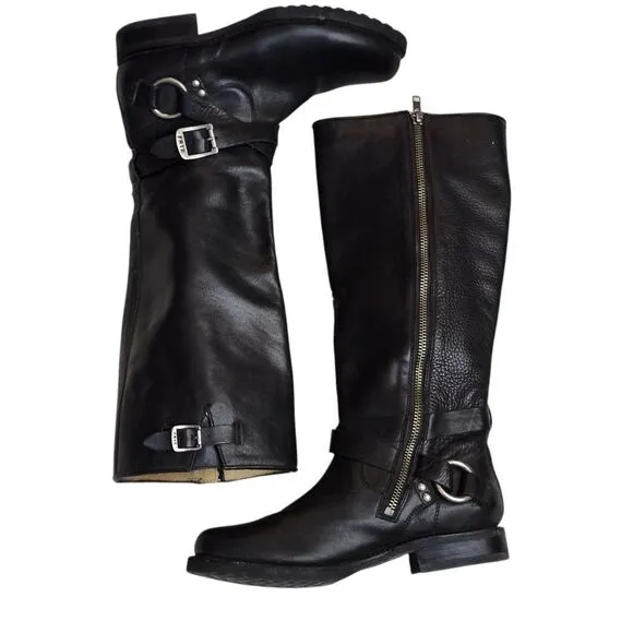 Frye Black Harness Èngineer Knee-High Side Zip Riding Boots Sz 6B