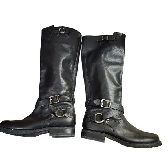 Frye Black Harness Èngineer Knee-High Side Zip Riding Boots Sz 6B