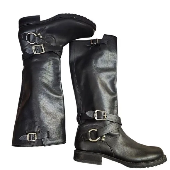 Frye Black Harness Èngineer Knee-High Side Zip Riding Boots Sz 6B