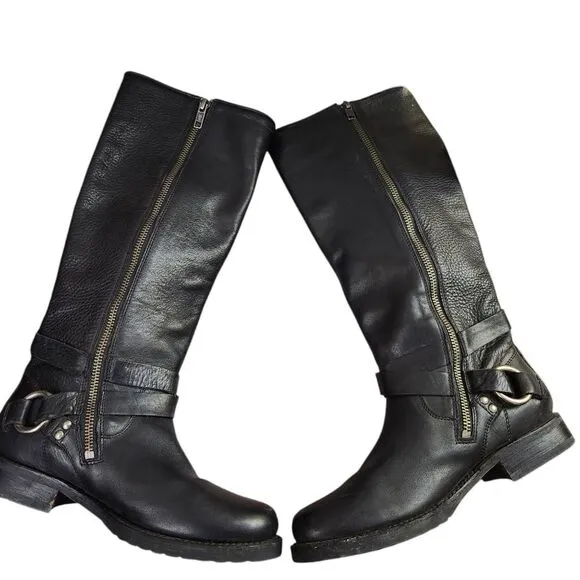 Frye Black Harness Èngineer Knee-High Side Zip Riding Boots Sz 6B