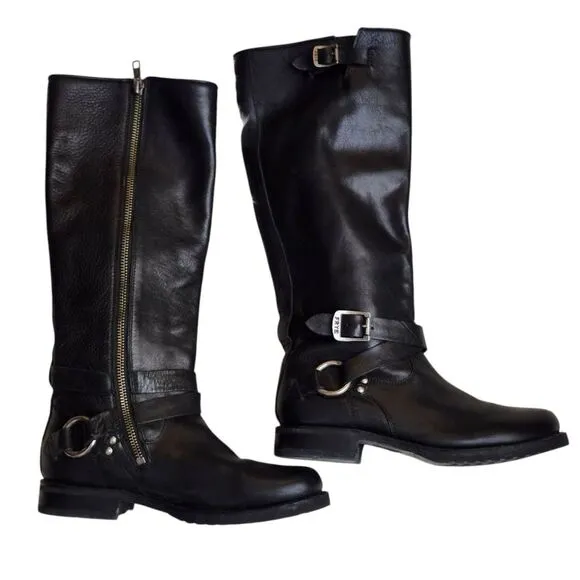 Frye Black Harness Èngineer Knee-High Side Zip Riding Boots Sz 6B