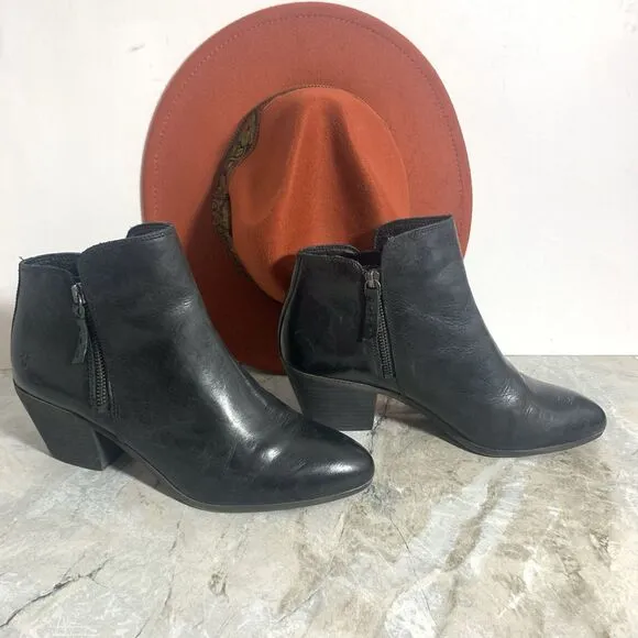 Frye Black Leather Stacked Heel Zippered Ankle Boots Women’s Size 9 M