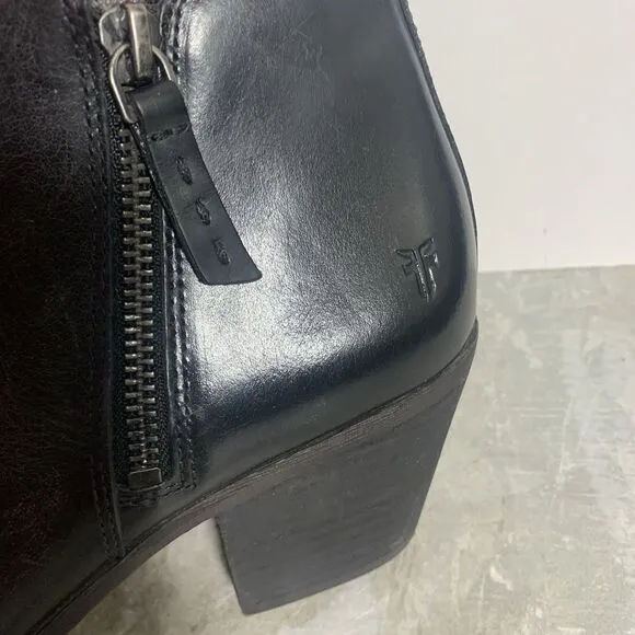 Frye Black Leather Stacked Heel Zippered Ankle Boots Women’s Size 9 M