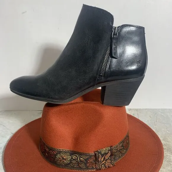 Frye Black Leather Stacked Heel Zippered Ankle Boots Women’s Size 9 M