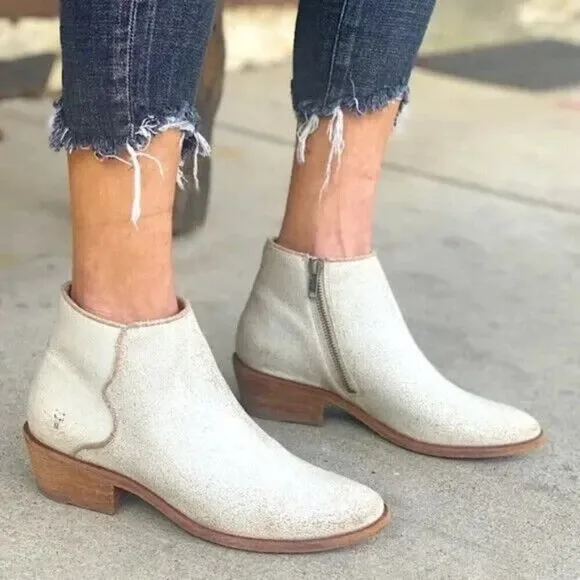 Frye Carson Piping Zip Ankle Boots Off White Leather Crackle Distressed 7B