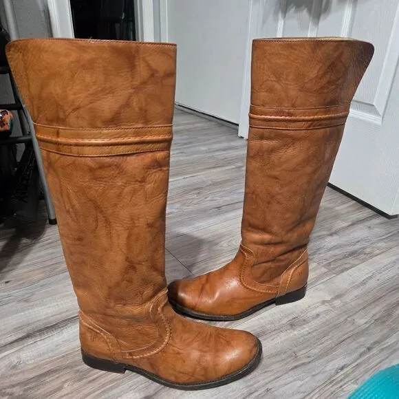 Frye Melissa Trapunto Brown Leather Riding Biker Womens Boots #76442 Size 9 B