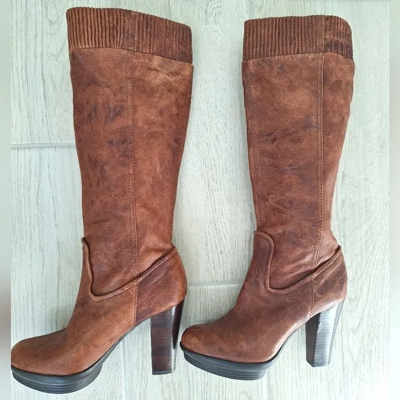 Frye Mimi Scrunch women's tall leather cognac brown knee high boots - size 6