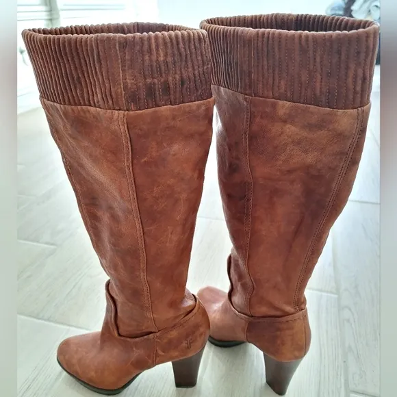 Frye Mimi Scrunch women's tall leather cognac brown knee high boots - size 6