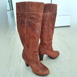 Frye Mimi Scrunch women's tall leather cognac brown knee high boots - size 6