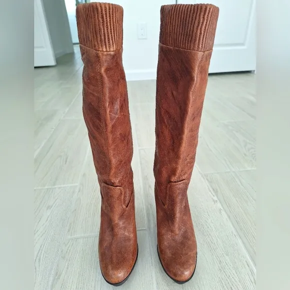 Frye Mimi Scrunch women's tall leather cognac brown knee high boots - size 6