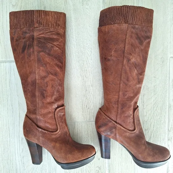 Frye Mimi Scrunch women's tall leather cognac brown knee high boots - size 6