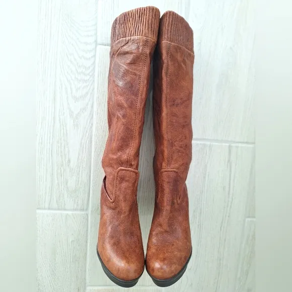 Frye Mimi Scrunch women's tall leather cognac brown knee high boots - size 6