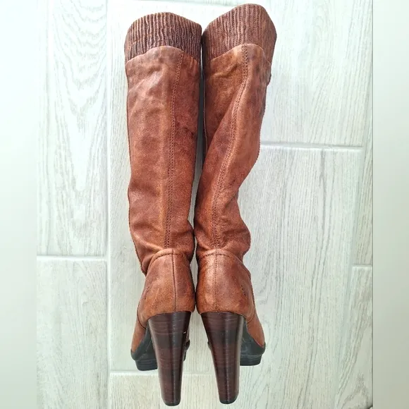Frye Mimi Scrunch women's tall leather cognac brown knee high boots - size 6