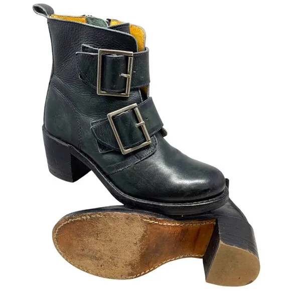 Frye Sabrina Black Leather‎ Double Buckle Ankle Boots