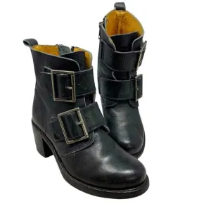 Frye Sabrina Black Leather‎ Double Buckle Ankle Boots